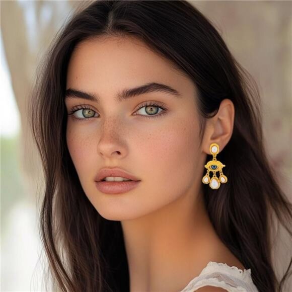 🧿 Gold Evil Eye Dangle Earrings | Lightweight Statement Drop Earrings - Picture 5 of 7